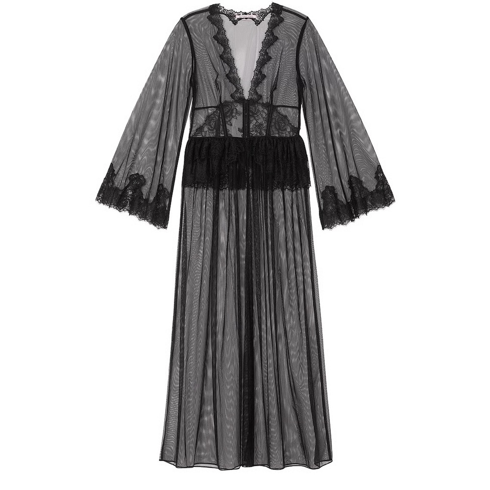 Victoria’s Secret Rose Lace & Tulle Corset Long Robe Black XXL NWT